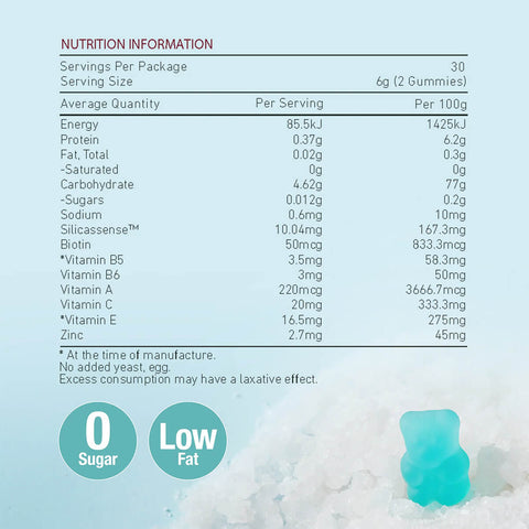 Nutrition information of Unichi Hair Boost Gummy Pro, a hair vitamin featuring the exclusive ingredient Silicassense™, combined with zinc, biotin, and vitamins A, B5, B6, C, and E to promote stronger hair.