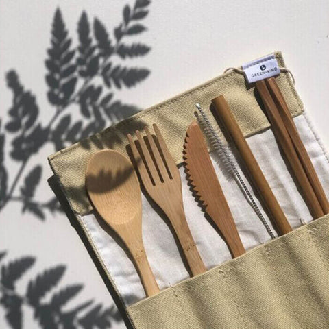 Green + Kind Bamboo Cutlery Roll-Up Set - Beige