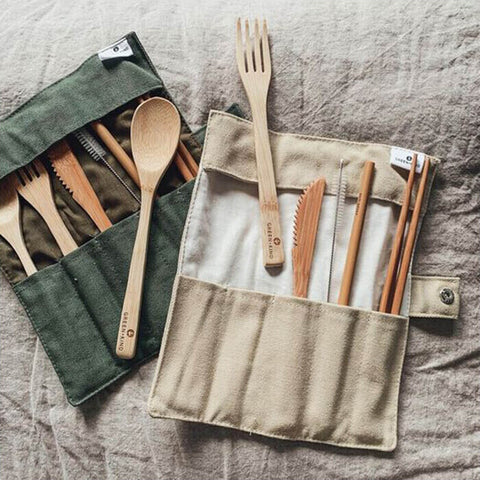 Green + Kind Bamboo Cutlery Roll-Up Set - Beige