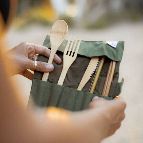 Green + Kind Bamboo Cutlery Roll-Up Set - Olive