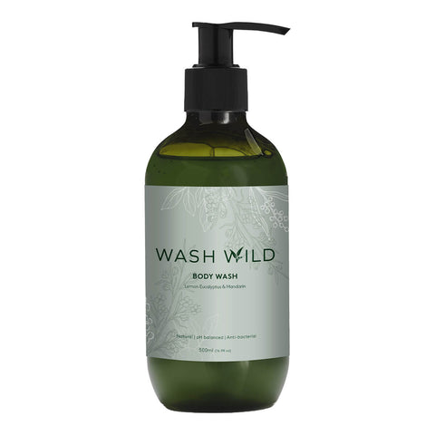 500ml pump bottle of Wash Wild Body Wash, a naturally derived, biodegradable formula scented with lemon myrtle and mandarin. Packaged in a tinted green plastic bottle.