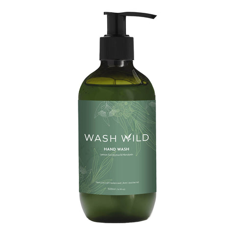 500ml pump bottle of Wash Wild Hand Wash, a naturally derived, biodegradable formula scented with lemon myrtle and mandarin. Packaged in a tinted green plastic bottle.