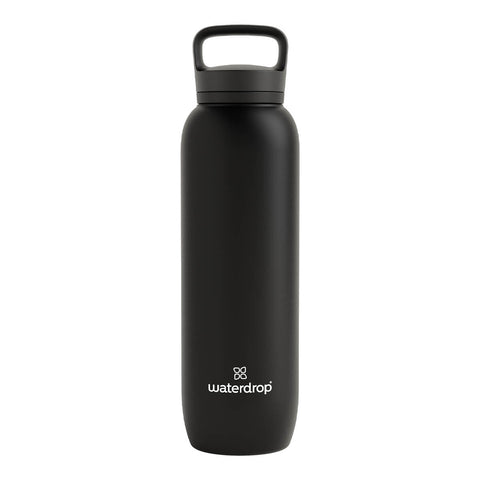 1L waterdrop All-Purpose Steel Bottle, a double walled, vacuum insulated, stainless steel water bottle with a black body and lid.