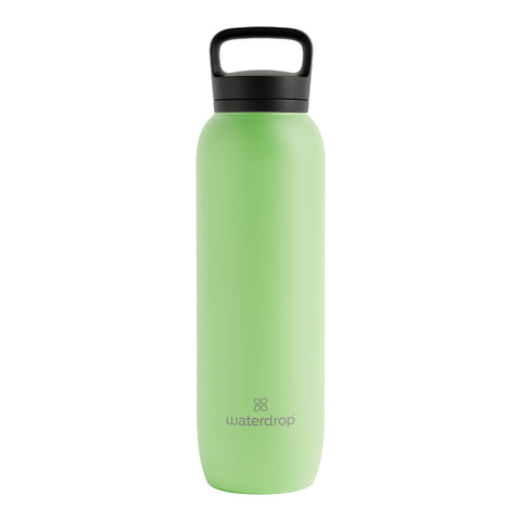 1L waterdrop All-Purpose Steel Bottle, a double walled, vacuum insulated, stainless steel water bottle with a neon green bottle and a black lid.