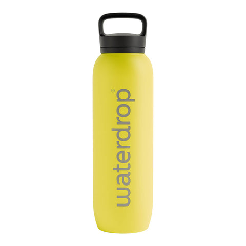 1L waterdrop All-Purpose Steel Bottle, a double walled, vacuum insulated, stainless steel water bottle with a neon yellow body and a black lid.