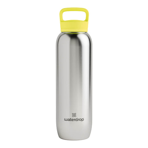 1L waterdrop All-Purpose Steel Bottle, a double walled, vacuum insulated, stainless steel water bottle with a silver stainless steel body and a neon yellow lid.