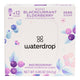 Box of 12 waterdrop Microdrink cubes in the Boost flavour, featuring blackcurrant and elderberry. These sugar-free hydration cubes are made with natural fruit and plant extracts, providing a vitamin-enriched, flavoured drink. Each cube dissolves to create 400-600ml of a refreshing beverage. The product comes in a white box with purple and blue berry illustrations on the front.