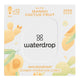 Box of 12 waterdrop Microdrink cubes in the Glow flavour, featuring mango and cactus fruit. These sugar-free hydration cubes are made with natural fruit and plant extracts, providing a vitamin-enriched, flavoured drink. Each cube dissolves to create 400-600ml of a refreshing beverage. The product comes in a white box with yellow mango and cactus illustrations on the front.