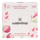 Box of 12 waterdrop Microdrink cubes in the Love flavour, featuring pomegranate and goji berry. These sugar-free hydration cubes are made with natural fruit and plant extracts, providing a vitamin-enriched, flavoured drink. Each cube dissolves to create 400-600ml of a refreshing beverage. The product comes in a white box with pink pomegranate and goji berry plant illustrations on the front.