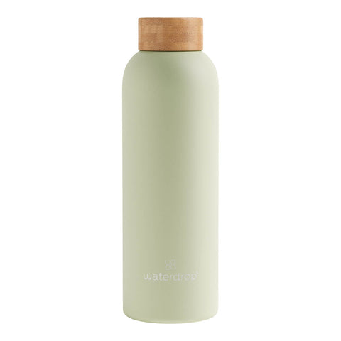 600ml stainless steel, double-walled waterdrop Thermo Steel drink bottle in a matte pastel olive colour with a bamboo cap.