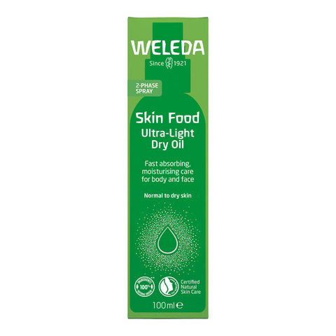 100ml box of Weleda Skin Food Ultra-Light Dry Oil, a bi-phase lightweight oil mist that nourishes the skin and leaves it glowing. Instantly absorbs, leaving a dry to the touch finish. Vegan.