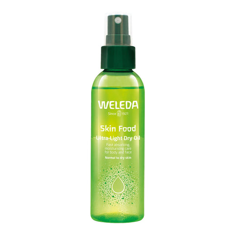 100ml spray bottle of Weleda Skin Food Ultra-Light Dry Oil, a bi-phase lightweight oil mist that nourishes the skin and leaves it glowing. Instantly absorbs, leaving a dry to the touch finish. Vegan.