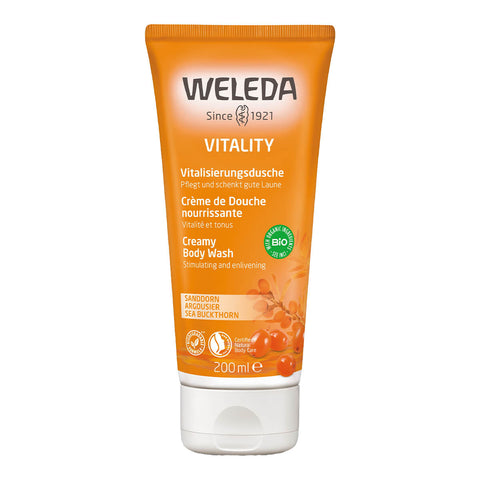 200ml bottle of Weleda Vitality Creamy Body Wash with sea buckthorn, a light and zesty shower cream that gently cleans your skin and lifts your senses.