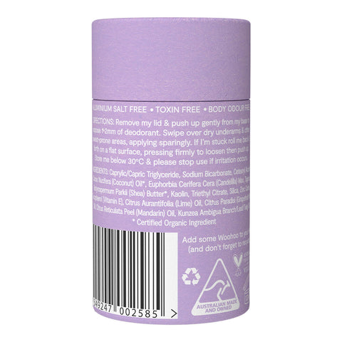 Back view of 60g tube of Woohoo All Natural Deodorant & Anti-Chafe Stick in Pop. An extra-strength, 100% natural deodorant with a refreshing lime, grapefruit, and Australian kunzea scent. Provides all-day protection, tough on odour, and gentle on skin. Biodegradable, plastic-free, home compostable, and made with absorbent clays and powders to minimise wetness. The back shows the directions and ingredients. Packaged in a purple cardboard tube.