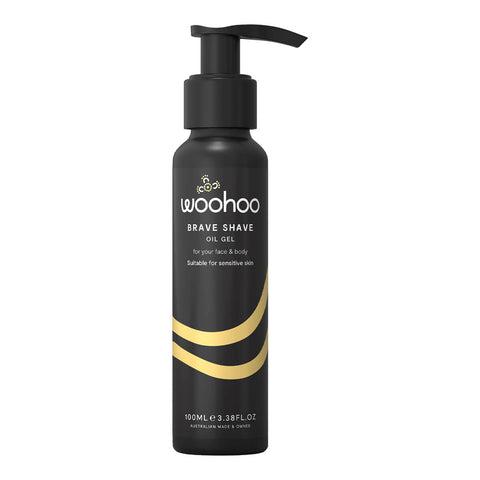 100ml bottle of Woohoo Brave Shave Oil Gel, a fragrance free formula suitable for sensitive skin that softens hairs, hydrating and protecting to leave skin feeling super soft and smooth after shaving. Packaged in a recyclable aluminium bottle with a pump.