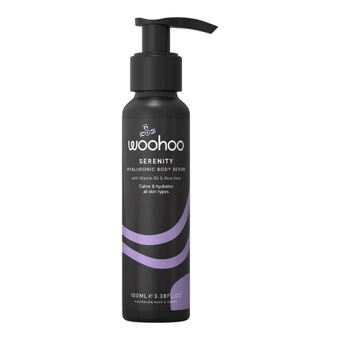 100ml pump bottle of Woohoo Serenity Hyaluronic Body Serum, a whole-body, super-lightweight, intensely hydrating moisturising gel with vitamin B5 and aloe vera. Packaged in a black aluminium bottle.