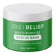 50ml tub of Zea Relief - Kunzea Multi-Purpose Rescure Balm, an all-natural body balm that contains 100% natural ingredients, including kunzea, peppermint gum, eucalyptus, and arnica, for relaxing tired muscles, soothing bruises and relieving skin irritations. Packaged in a green plastic tub with a white lid. The label is simple white text.